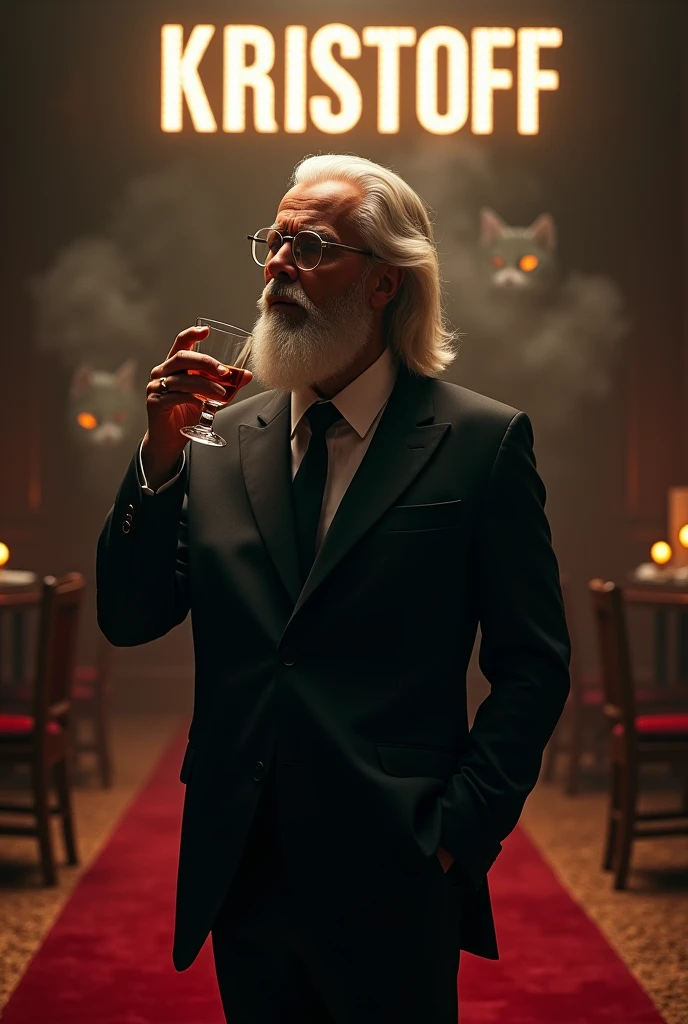 Create a realistic image where a man with mid long white hair and beard wearing black luxury suit and a transparent spectacles and standing on luxury floor with red carpet, he's holding a whiskey glass in his hand and second hand in his pants pocket, there is smoke in background a shadow of cat and cat's eyes is glowing in yellow colour. In background the name "Kristoff" is showing in bold effects just attached above the chair the head of the character as per his name.