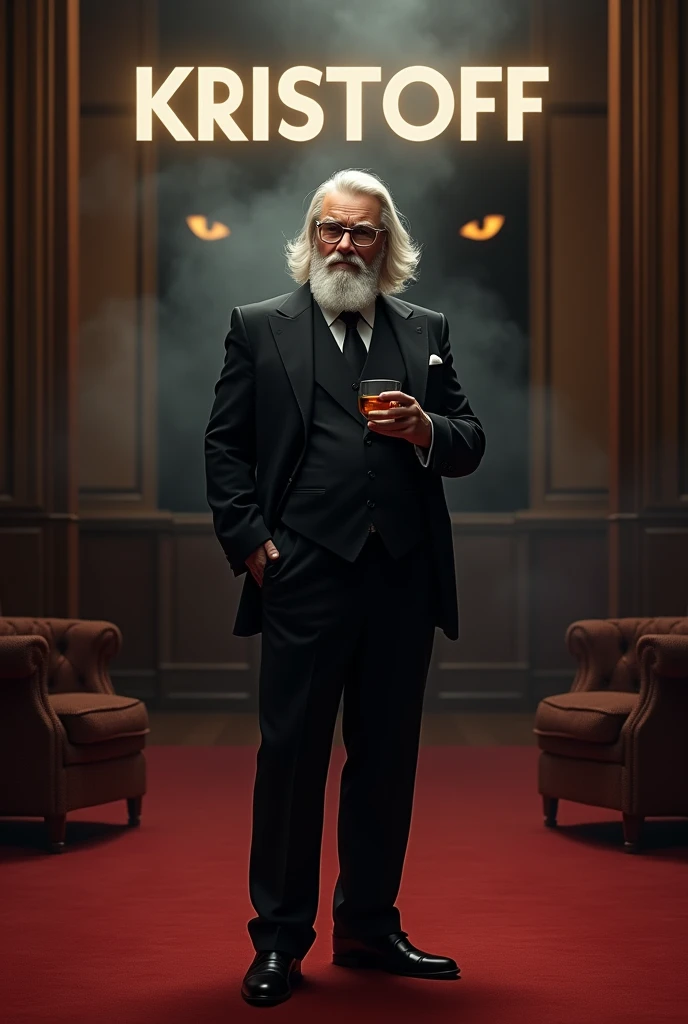Create a realistic image where a man with mid long white hair and beard wearing black luxury suit and a transparent spectacles and standing on luxury floor with red carpet, he's holding a whiskey glass in his hand and second hand in his pants pocket, there is smoke in background a shadow of cat and cat's eyes is glowing in yellow colour. In background the name "Kristoff" is showing in bold effects just attached above the chair the head of the character as per his name.