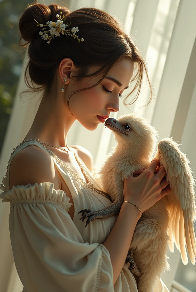 baby griffon,{{A woman taking care of a baby griffon}},Tall woman, Dynamic composition,{{Very Aesthetic}},{{masterpiece}}, {{{Highest quality}}},{{Very detailed}},slim body,hand
