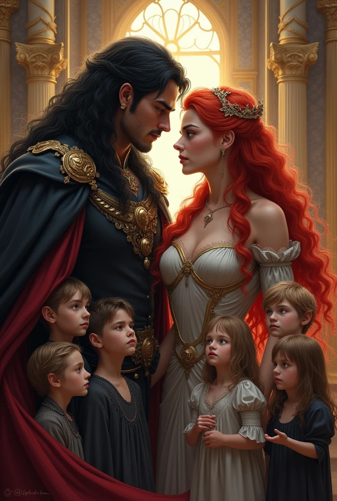In an alternate universe an Alpha king (black hair) and an Omega (redhead) They had 6 sons