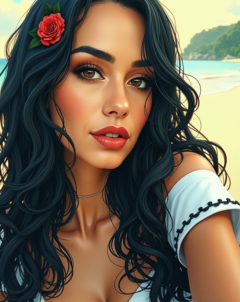 "Hyperrealistic image of a Venezuelan white woman 50-year-old, maturean average build and a serene expression. She has long, curly black large hair adorned with red Roses and dark brown eyes framed by thin eyebrows. She's wearing a stylish white bikini top with off-the-shoulder sleeves and a contrasting black and white bikini bottom. To complete the ensemble, she's sporting high-boots leather, white high boots with black accents. The woman is posing on a calm beach at sunset, with the distant shoreline and greenery bathed in warm golden light. The image is highly detailed, with perfect composition, lighting, and rendering, in 8k HDR. The overall style is fashion-forward and bold, emphasizing the contrast between the white and black elements of her attire."