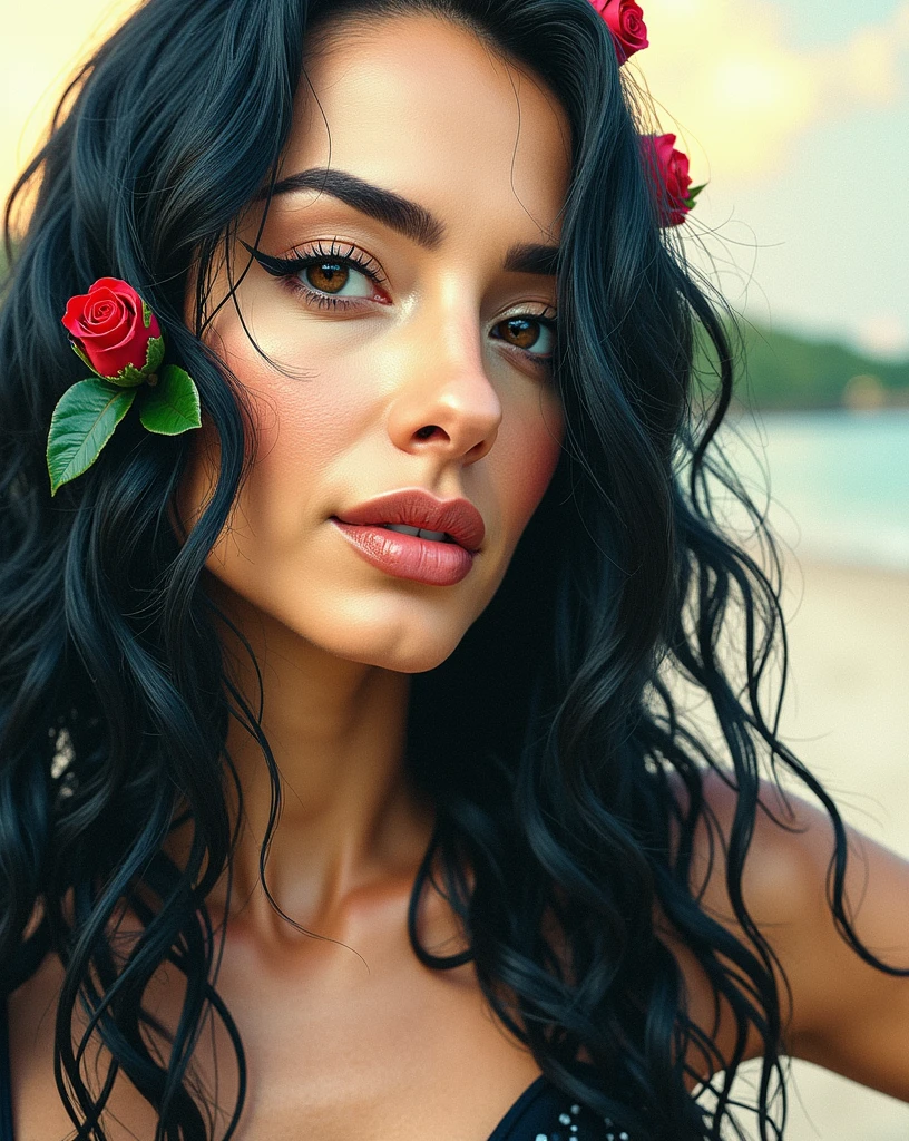 "Hyperrealistic image of a mature Venezuelan white woman 50-year-old, mature with an average build and a serene expression. She has long, curly black large hair adorned with red Roses and dark brown eyes framed by thin eyebrows. She's wearing a stylish white bikini top with off-the-shoulder sleeves and a contrasting black and white bikini bottom. To complete the ensemble, she's sporting high-boots leather, white high boots with black accents. The woman is posing on a calm beach at sunset, with the distant shoreline and greenery bathed in warm golden light. The image is highly detailed, with perfect composition, lighting, and rendering, in 8k HDR. The overall style is fashion-forward and bold, emphasizing the contrast between the white and black elements of her attire."