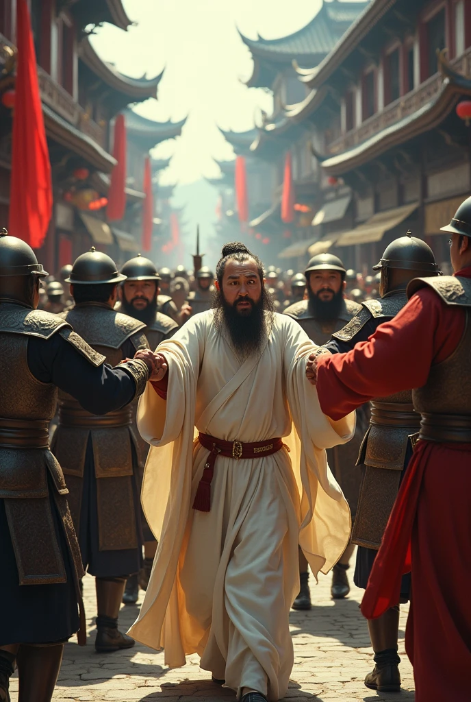 Tang Dynasty full dress Tang Dynasty full dress The soldiers dragged the man in white along the city street.