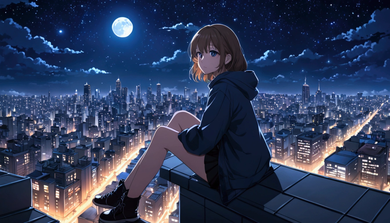Anime-style art, a beautiful girl sitting on the edge of a rooftop overlooking the city at night, with glowing lights and tall buildings in the background. Detailed background, fantastic moon and starry sky, high quality.
