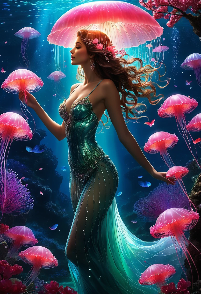 In the heart of an enchanted reefs, a stunning female siren with an elegant and ethereal presence. Her silhouette is bright, almost as if she is made from sunshine itself, dotted with tiny stars that give the impression of a galaxy captured within her form stands as a guardian of nature’s cherry blossom forest secrets. Setting at dark, Night. Jellyfish glow pink and red. 