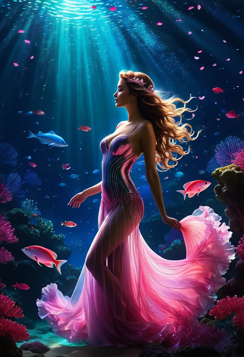 In the heart of an enchanted reefs, a stunning female siren with an elegant and ethereal presence. Her silhouette is bright, almost as if she is made from sunshine itself, dotted with tiny stars that give the impression of a galaxy captured within her form stands as a guardian of nature’s cherry blossom forest secrets. Setting at dark, Night. Jellyfish glow pink and red.