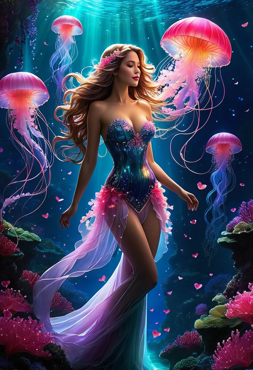 In the heart of an enchanted reefs, a stunning female siren with an elegant and ethereal presence. Her silhouette is bright, almost as if she is made from sunshine itself, dotted with tiny stars that give the impression of a galaxy captured within her form stands as a guardian of nature’s cherry blossom forest secrets. Setting at dark, Night. Jellyfish glow pink and red.
