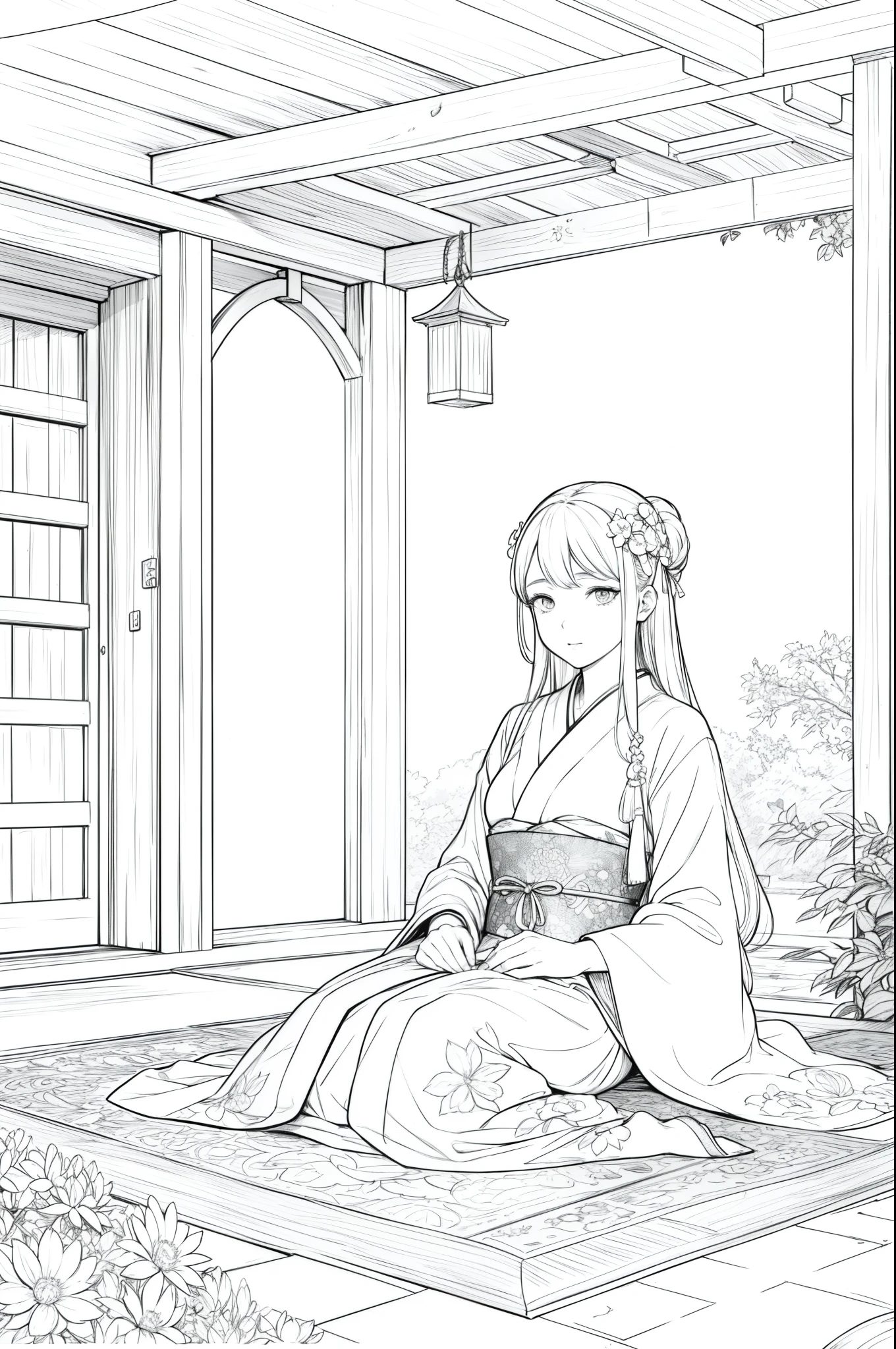 Masterpiece, top class, unique, cute, flowers, line drawing background, white background, monochrome, line drawing, ((sketch)), creepy, white eyes, create a monochrome coloring book that even adults can easily do, a realistic and cute ukiyo-e of a girl wearing a kimono, model pose, sitting on a veranda with a Japanese garden as the background, conveying Japanese culture.