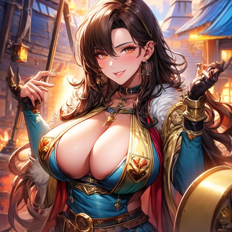 Beautiful, hot milf d blacksmith woman with brown hair brown eyes big breastured skin, super detail, high detail, high quality,