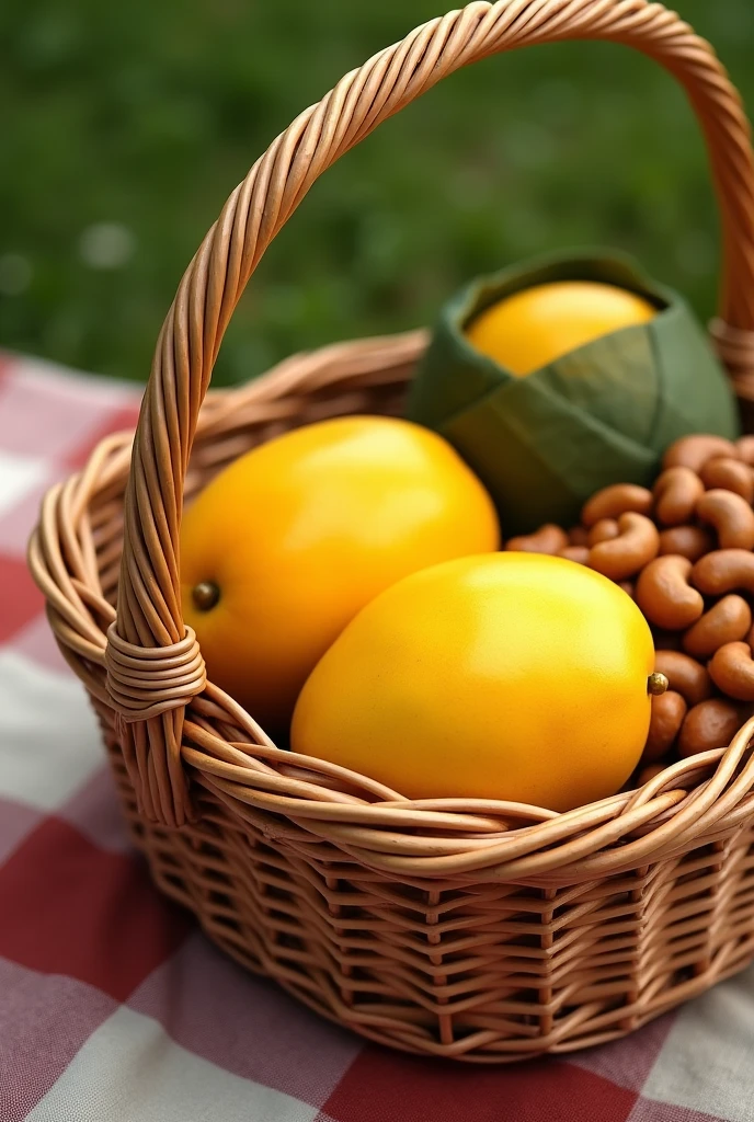 half-open picnic basket with whole, ripe mangoes (not cut), cashews, and a suman leaning against the basket. The mangoes would be bright yellow with smooth skin, sitting inside the basket along with the cashews. The suman, wrapped in banana leaves, would rest neatly against the outside of the basket, all set on a picnic blanket