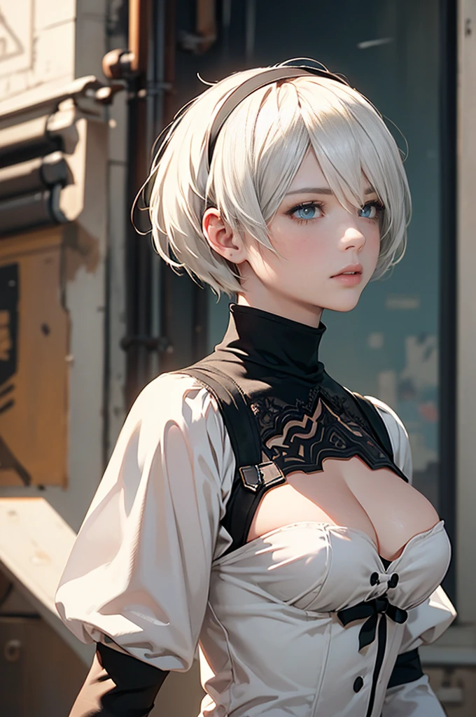 {(masterpiece,best quality, 16K portrait, UHD, extremely detailed the work, detailed beautiful face and eyes and skin and hair)} 
BREAK {(ultra realistic photo graphic style)} 
BREAK {solo,(2B of Nier-Automa:1.4), (lightbrown-lightwhite colored hair:1.4, short cut hair), (medium mouth),(narrow and sharp eyes),(attractive blue-glay eyes:1.4),(left-eye hidden by bangs:1.2),(slender body,small breasts):1.2,captivating lips} 
BREAK {(Nier-Automata-2B costume:1.2),(cleavage between breasts:1.2),(hairband)} 
BREAK {(peofile:1.2),(looking away:1.4),(more face closeup:1.2)}
