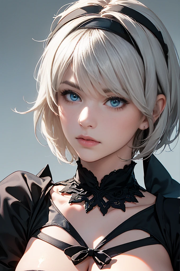 {(masterpiece,best quality, 16K portrait, UHD, extremely detailed the work, detailed beautiful face and eyes and skin and hair)}
BREAK {(ultra realistic photo graphic style)}
BREAK {solo,(2B of Nier-Automa:1.4), (lightbrown-lightwhite colored hair:1.4, short cut hair), (medium mouth),(narrow and sharp eyes),(attractive blue-glay eyes:1.4),(left-eye hidden by bangs:1.2),(slender body,small breasts):1.2,captivating lips}
BREAK {(Nier-Automata-2B costume:1.2),(cleavage between breasts:1.2),(hairband)}
BREAK {(peofile:1.2),(looking away:1.4),(more face closeup:1.2)}
