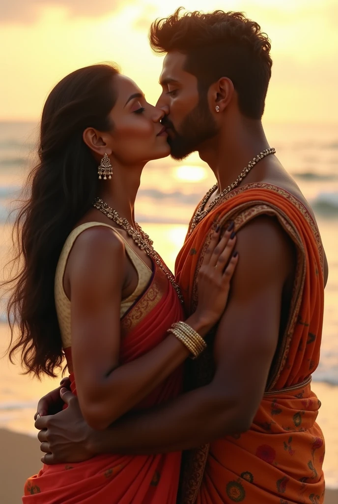 (photorealism:1.2),indian 40 year old beautiful woman, in the beach wearing  saree and earning and Jwelerry and kiss with her 1 boy friend

