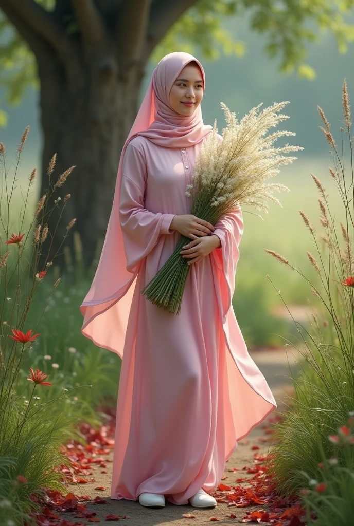 An adult girl wearing a hijab shawl wears a long pink dress floral like flowing water made of chiffon, wears white shoes, is in a place where lots of weeds grow, the flowers are white, and there is a tree whose fallen leaves are red. . smiling while holding white flowering wild grass.