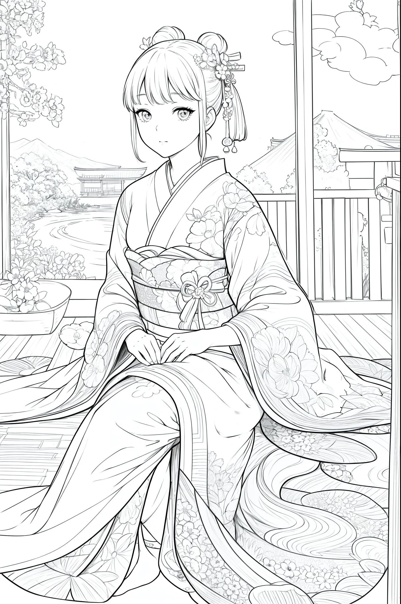 Masterpiece, top class, unique, cute, flowers, line drawing background, white background, monochrome, line drawing, ((sketch)), creepy, white eyes, create a monochrome coloring book that even adults can easily do, a realistic and cute ukiyo-e of a girl wearing a kimono, model pose, sitting on a veranda with a Japanese garden as the background, conveying Japanese culture.
