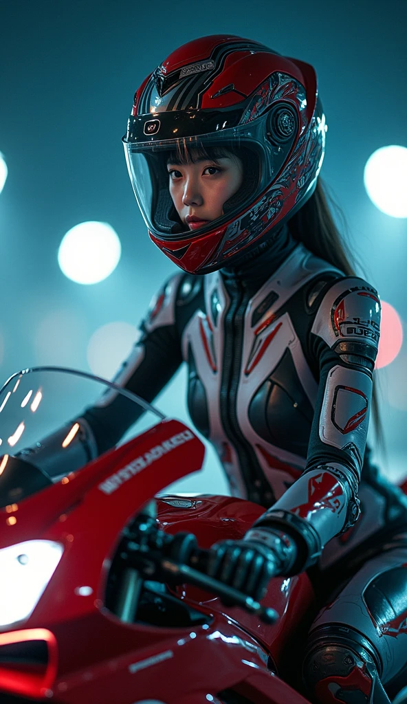 very beautiful with cute Japanese high school girl but cyborg of amateur motorcycle racer, about to Ride on a racing motorcycle, at the cyber punk circuit at night, dramatic scene, masterpiece, clear helmet visor, beautiful eyes, face focus, Ducati racing motorcycle, Shoei helmet, (wearing a cyber punk mecha armored bodysuits with many neon markers:1.8), (fast-look patterned electro mechanical suits:1.5), dynamic angle, acrobatic pose