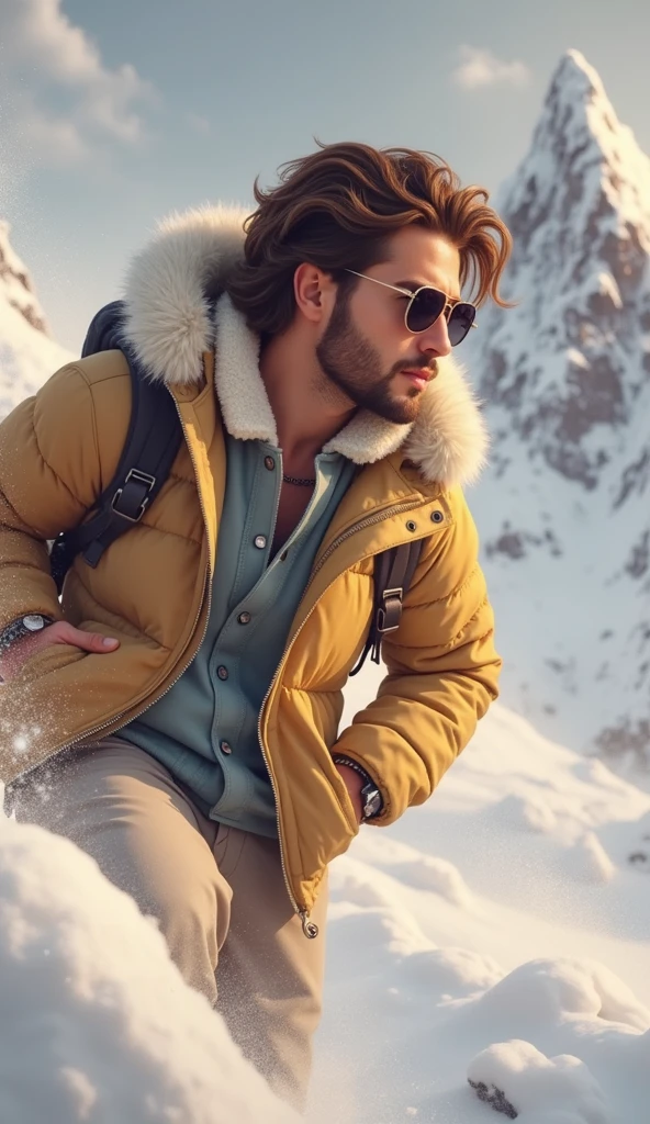 1man, tan skin, medium long hair, wear sunglass, winter background, cool jacket