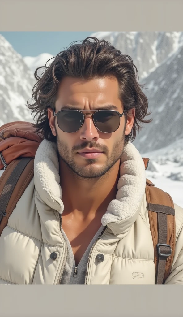 1man, tan skin, medium long hair, wear sunglass, winter background, cool jacket