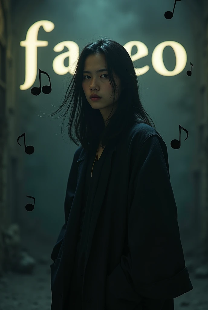 Asian boy man in a dark place that looks like DPR ian who has long hair and yellow eyebrows that the word faceo is written in the background and that there are black musical notes around him and that they look transparent