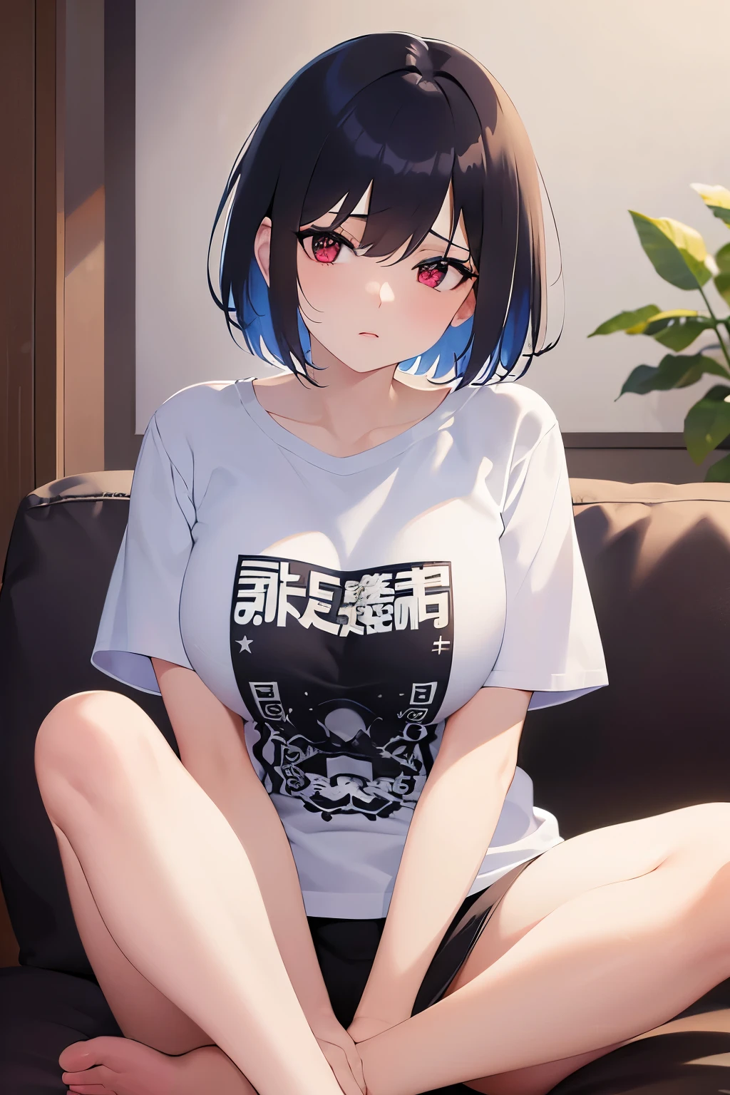 hand between legs, (night:1.5), mature female、big breasts, Upper Body, (pale skin:1.2), shiny skin, shiny hair、(A woman in her 40s) and (bob cut) and (wavy hair) and (hair between eyes) and (black hair) and (red eyes), (white) and (T-Shirts) 、uneasy, Alone、Sitting、Sofa in the background