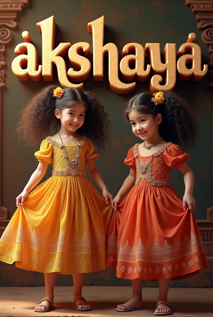 2 girl wearing a dress and lifting the skirt of the dress, a beautiful 3d text “AKSHAYA” in background