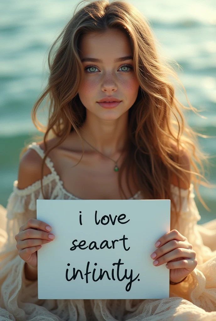 Beautiful girl with wavy long hair, bohemian dress, holding a white board with text "I Love Seaart Infinity" and showing it to the viewer