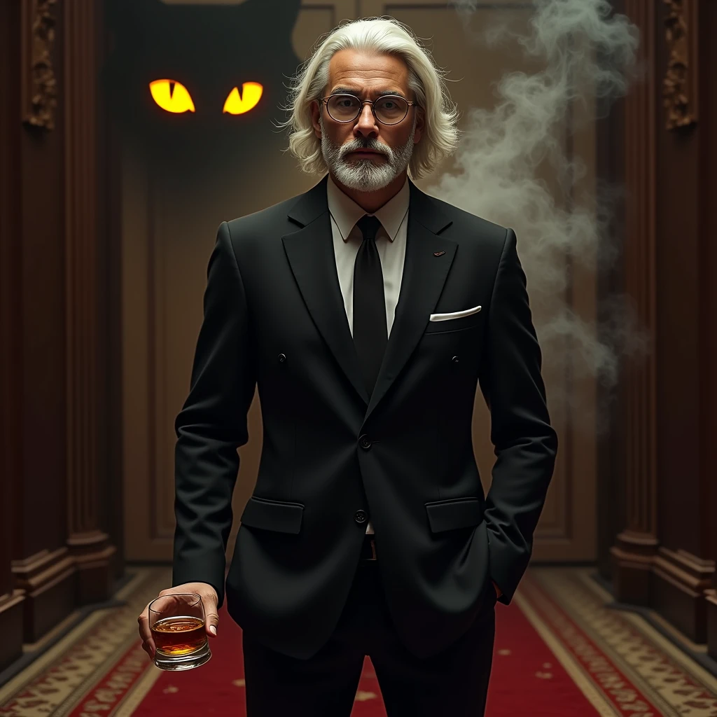 Create a realistic image where a young man with mid long white hair and beard wearing black luxury suit and a transparent spectacles and standing on luxury floor with red carpet, he's holding a whiskey glass in his hand and second hand in his pants pocket, there is smoke in background a shadow of cat and cat's eyes is glowing in yellow colour. In background the name "Kristoff" is showing in bold effects just attached above the chair the head of the character as per his name.