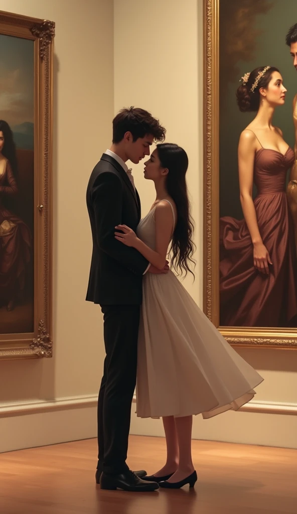 Imagine a anime scene by image from back side of a Indian 2 simple shy college elegant boy and girl standing in art exhibition, girl dressed in simple but elegant one piece dress, a shy and handsome boy standing close to her and looking towards girl with affection, girl looking towards the painting Masterpiece, Best Quality,
