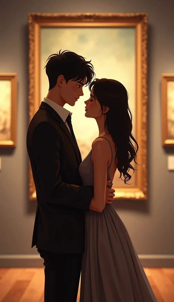 Imagine a anime scene by image from back side of a Indian 2 simple shy college elegant boy and girl standing in art exhibition, girl dressed in simple but elegant one piece dress, a shy and handsome boy standing close to her and looking towards girl with affection, girl looking towards the painting Masterpiece, Best Quality,