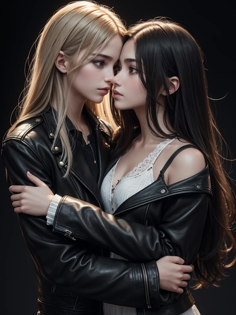 masterpiece, Superb clothing, (illustration), ((2 people)), ((Beautiful Young Couple Kissing and Hugging), (Russian Mill Style), fashion, leather jacket, (long hair), (happy), (White skin), (dark circles), Beautiful, party, Toast, trend, dark grey,, Close-up, (grandiose background), (chiaroscuro)), Мелкие Detailed faces, Detailed faces, cinematic lighting, (depth of field), uhd, (upper body), Black background