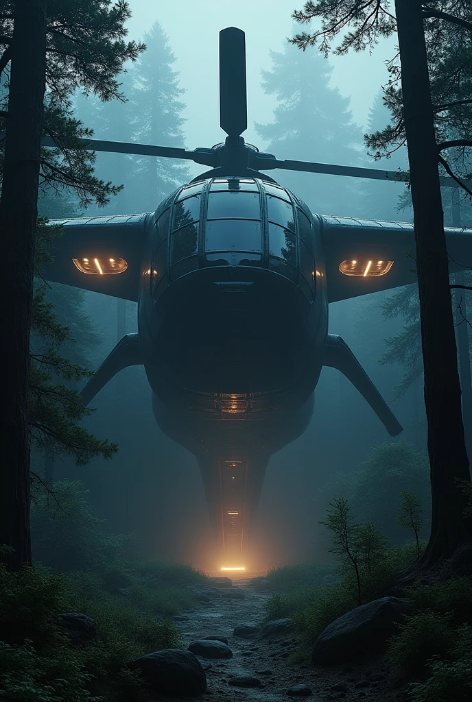 big black color helicopter shaped mansion in the middle of the forest at night