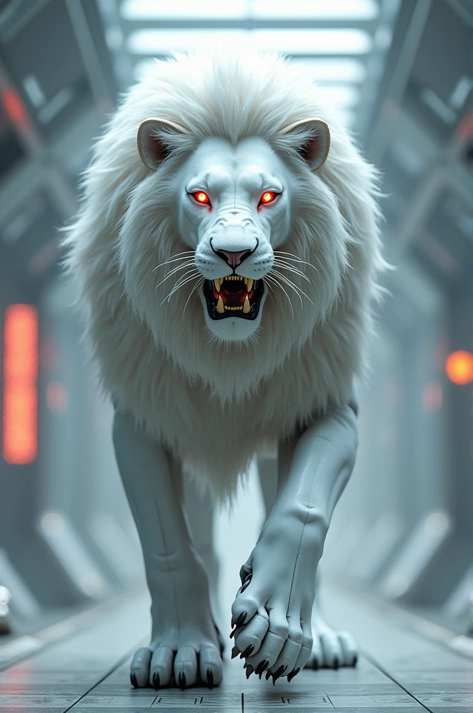 A lion in white colour whose head is like a robot and long teeth and background is like robotic world 