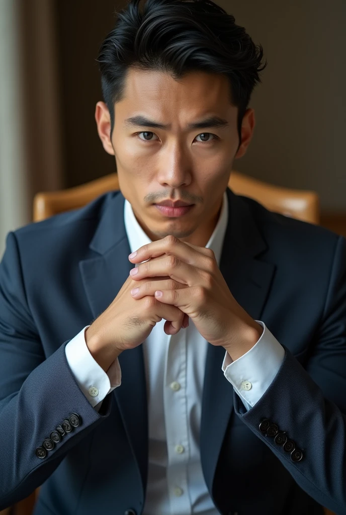 Belle homme en costume type japanese jeune muscle blond au yeux bleu, Photographed with a smartphone, Selfie, Top quality, 1 beautiful men, Perfect Face, Japanese men, age 41, suit, short hair, black hair, Sitting in a chair, hands on chin,