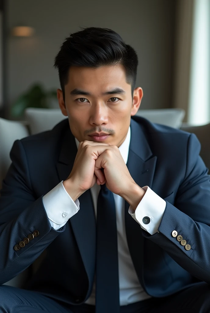 Belle homme en costume type japanese jeune muscle blond au yeux bleu, Photographed with a smartphone, Selfie, Top quality, 1 beautiful men, Perfect Face, Japanese men, age 41, suit, short hair, black hair, Sitting in a chair, hands on chin,
