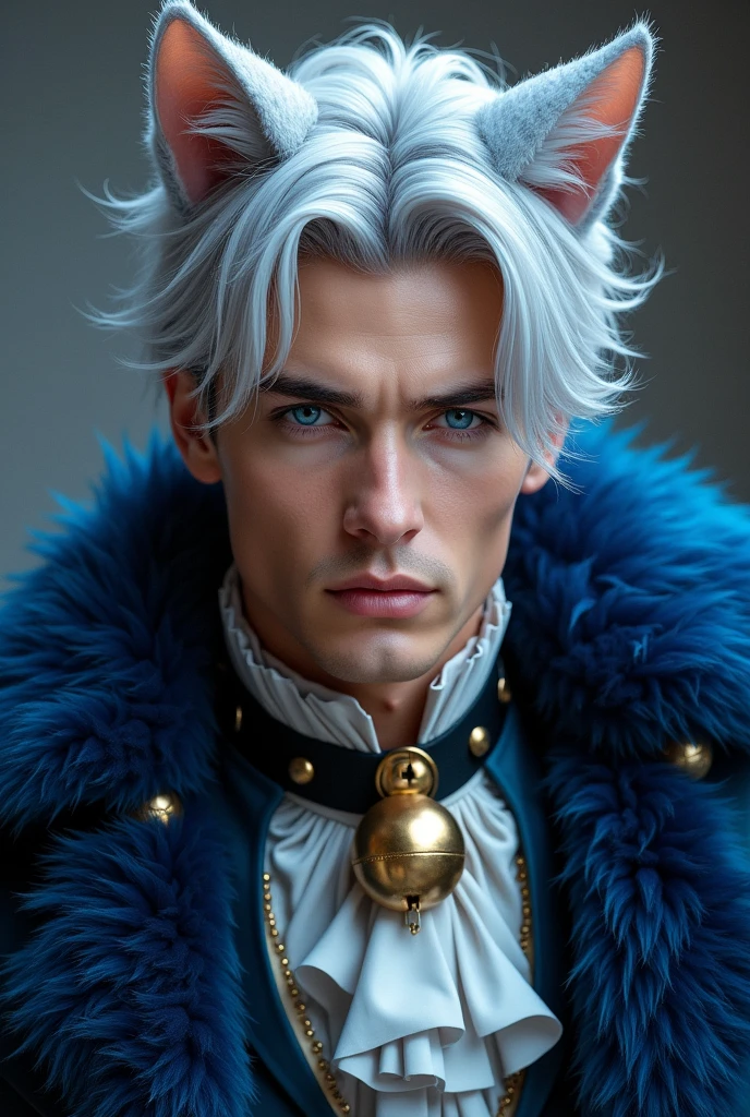 A very attractive and manly man with silver hair and very vibrant blue eyes, Cheshire Cat themed clothing, flirtatious but firm look, few extravagant clothes, silver and blue cat ears, Bell collar and blue and black fluffy fur coat.
