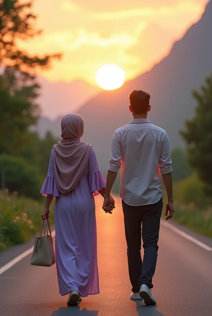 (photorealism:1.2), A young woman and Man wearing a hijab and a light purple long dress with ruffled sleeves is walking along a scenic mountain road. She is holding a beige handbag in one hand and one hand toch Man looks serene as she enjoys the beautiful sunset. The road is flanked by lush greenery and towering mountains, with the sun setting in the background, casting a warm glow over the scene. The atmosphere is peaceful and tranquil, with a soft breeze gently blowing through the landscape. Realistic, 8K, Ultra HD