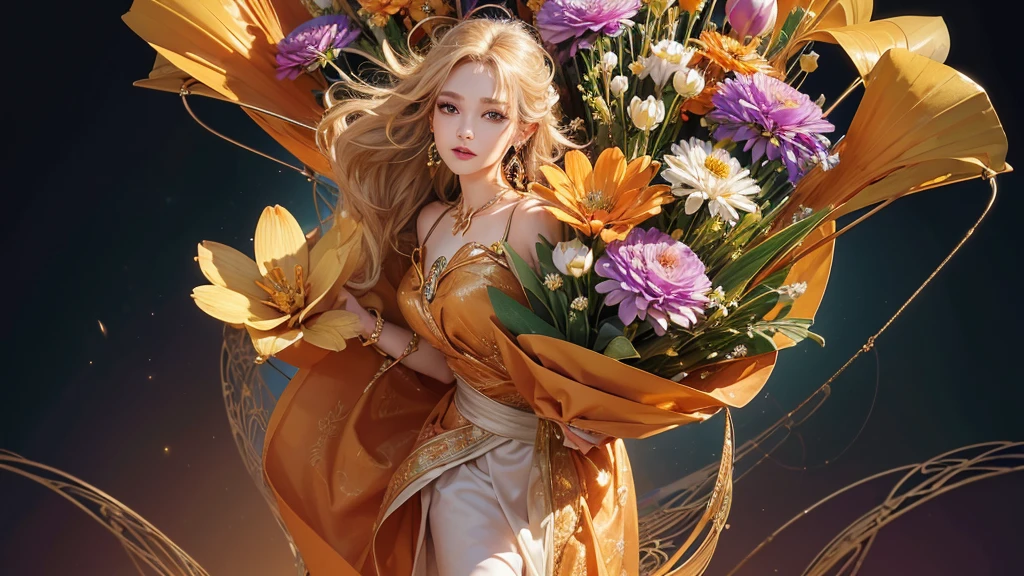 32K, 最高quality, 最高masterpiece, (ultra-Detailed Background, Detailed Background), High resolution, Super detailed, Very detailedな, 1 personの, (bouquet:1.3), (Tangled:1.2), (Geometric:1.2),(colorful),(masterpiece, quality, best quality, Official Art, Beautiful and beautiful:1.2), (1 person:1.3), Very detailed,(colorful:1.1)(Flowers:1.3),Most detailed,(Tangled:1.2), whole body, (Abstract background:1.3), (Skin glows), (Many colors:1.4), ,(Earrings Jewelry:1.5), Pale Orange Background, It's imaginative., Flaxen Hair,