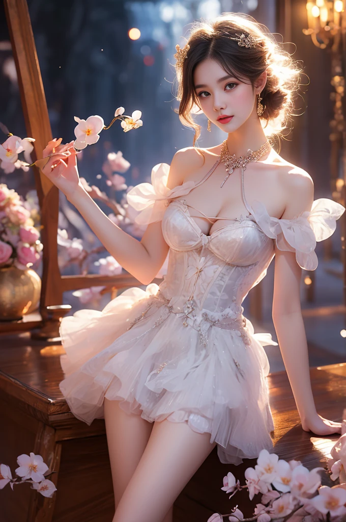 （Quality Improvement：1.4），1 Girl, Full breasts，Visible cleavage，Sexy long legs，The skirt is very short，She gently lifted her skirt with one hand,Surrounded by white Phalaenopsis orchids，Lilac dendrobium、White Lily, Flying petals，（Top quality leather), Delicate face,Black Hair, Gradient hair, Body,（Body1.1）, He has a precious gem on his forehead.., outstanding student，Long eyelashes,Smile, Surrealism, Movie Lighting, Projection Insert, Surrealism, Ultra HD, masterpiece，lie，Keep dreaming，Open your legs slightly.，Tattoo，Fantasy Space，Luxurious space，Exquisite makeup，blush，Shy expression