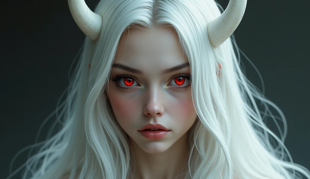 a young woman Her long white hair Her deep red eyes On top of her head, two white horns, smooth and curved back