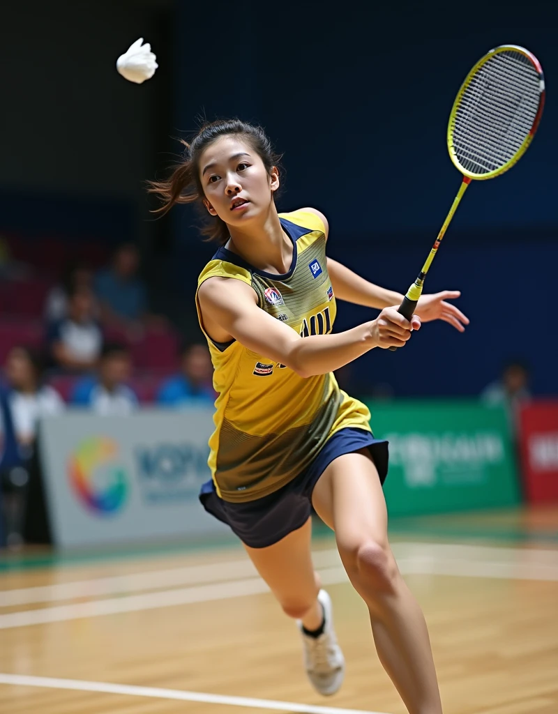 (Photorealism:1.2), beautiful woman, She is playing badminton.. South Korea national team player. Shuttlecock
