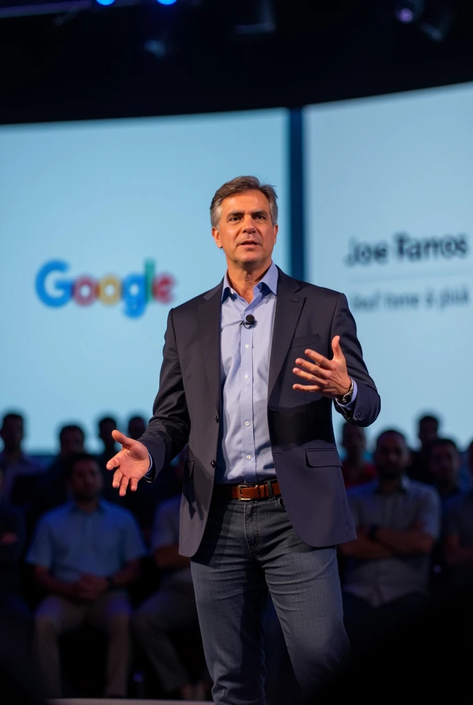 Create an image of a professional person giving a conference presentation at a Google-sponsored event. The stage has a modern design, with the Google logo and the words 'Jose Ramos' clearly visible on a large screen in the background as sponsors of the event. The presenter is in the foreground, clearly visible, a middle-aged, confident speaker dressed in business-casual attire, holding a microphone and actively engaging the audience with a gesture. The lighting is focused on the presenter, highlighting their features and making them the focal point. The audience is visible in the background, with a tech-savvy, professional atmosphere, capturing the essence of a high-profile conference.