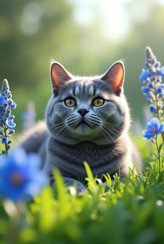 An ultra-realistic, super high-definition depiction of a silver-gray American Shorthair cat lying lazily on lush green grass, surrounded by blue plumbago flowers. The cat's fur texture and facial expression are intricately detailed, reflecting a relaxed and content mood. The scene is set on a bright and sunny day with a gentle breeze, creating a fragrant atmosphere. The natural outdoor setting is rendered with soft lighting, realistic shadows, and highlights, featuring vivid and vibrant colors for a serene and peaceful mood.