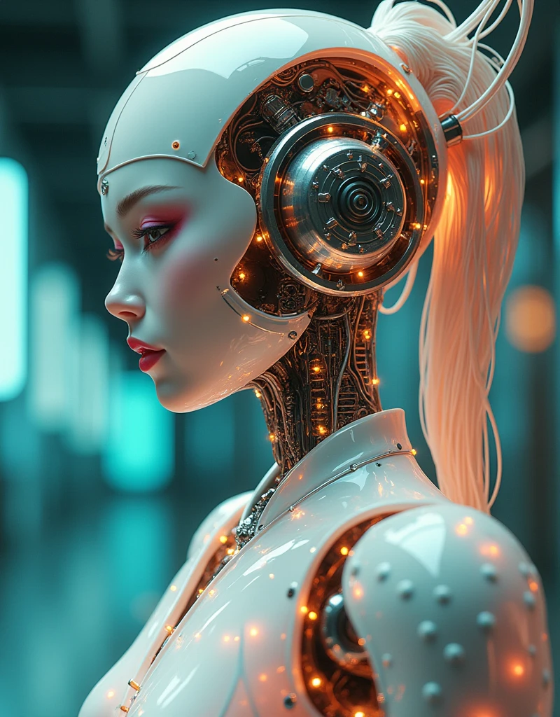 Photograph of a mid-20s Japanese female robot, made of glass and white and silver translucent plastic, Geisha makeup and hairstyle, The internal mechanism of the machine is made of silver metal, dynamic gesture, Flowing organic construction, glowing gold circuit, colorful cut neon light, glow circuit, cut neon light, Depth of focus: f/2.8, H.R. Giger
