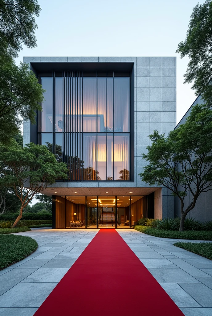 A corporate building headquarters with Singaporean architecture with it's own compound not sorounded with any other building,the compound has a driveway with red carpet on the entrance