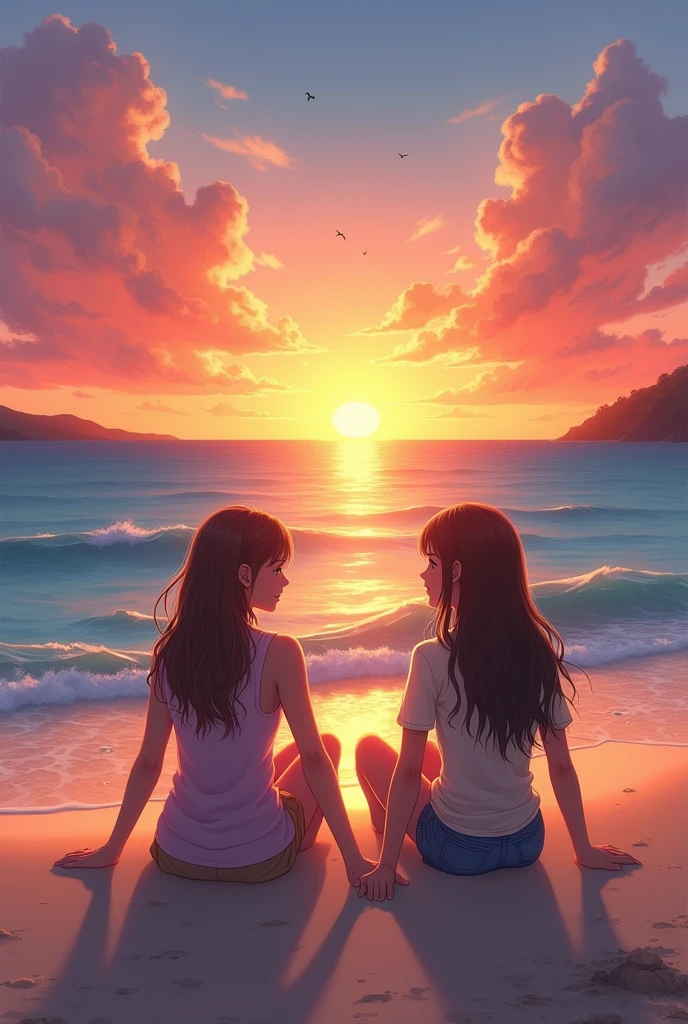 two girls in a beach chilling and talking the backround is sunset and the water is very clear