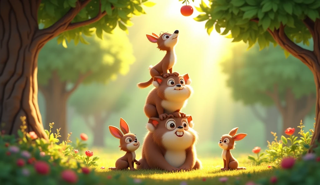 Description: The animals start forming a tower to reach the fruits.
Action: The rabbit sits at the bottom, the monkey climbs onto the rabbit's shoulders, and the deer climbs onto the monkey, reaching for the fruits. 3D cartoon