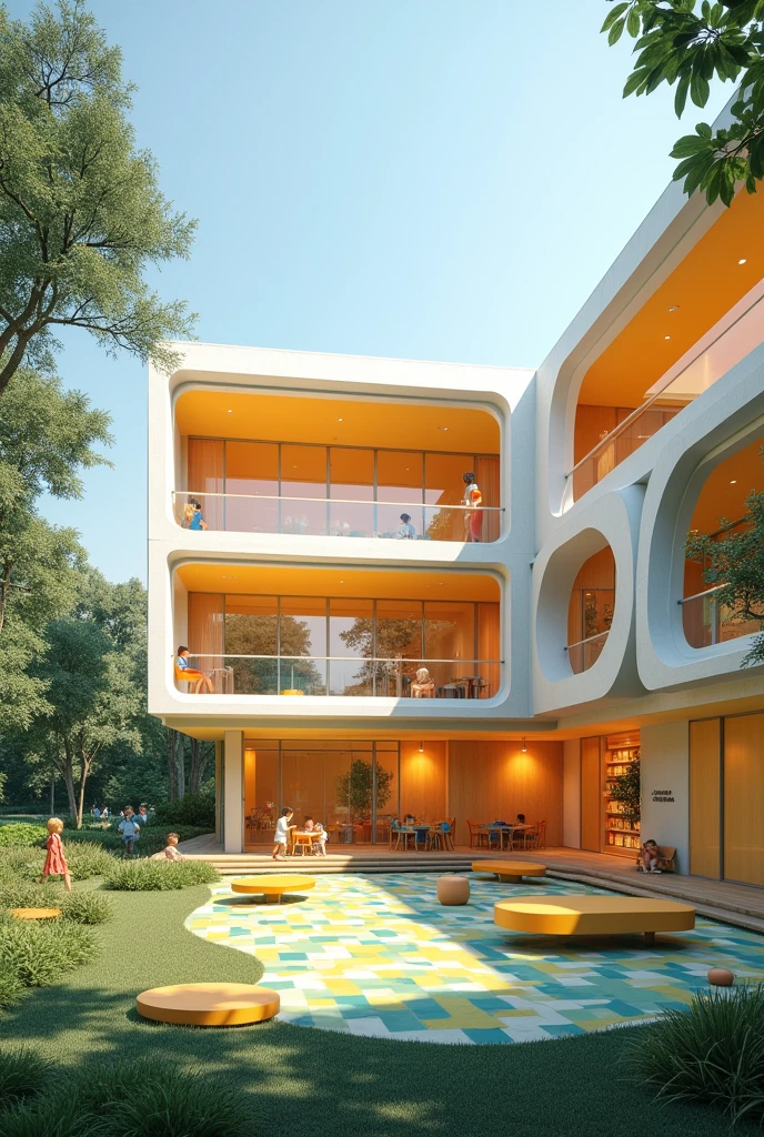 Create a kindergarten in the architectural style of Richard Meier