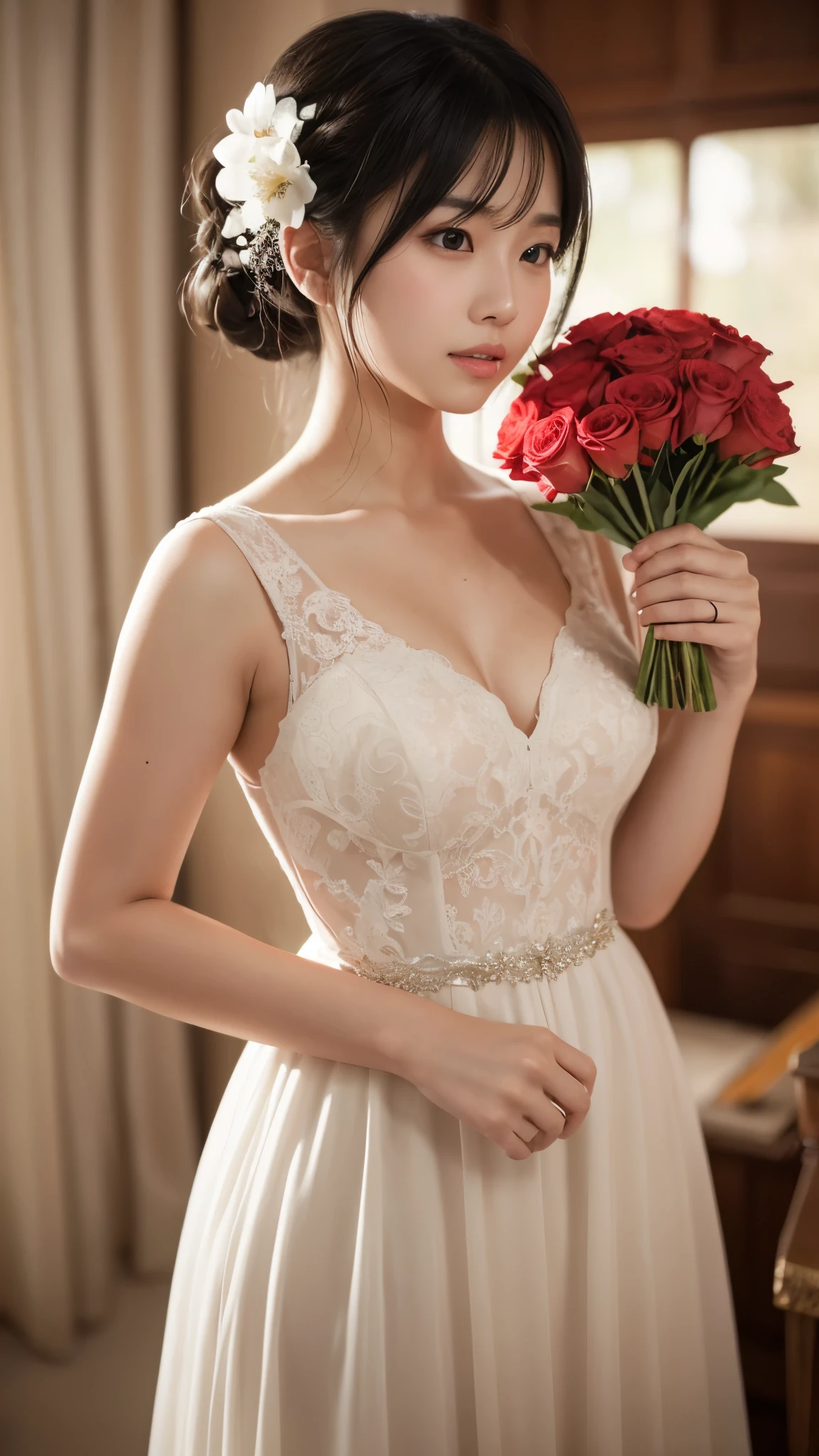 masterpiece:1.2, Highest quality), Realistic, (live-action, Intricate details, Depth of written boundary), (One girl, alone), compensate, Lips parted, Very detailed, Perfect Face, (Skin Dentition), Thick thighs, Wide Hips, Narrow waist, expensive, Glossy coral lips,, (Girl in wedding dress holding flowers in hand )), sexy, blush, Mikasa from AOT