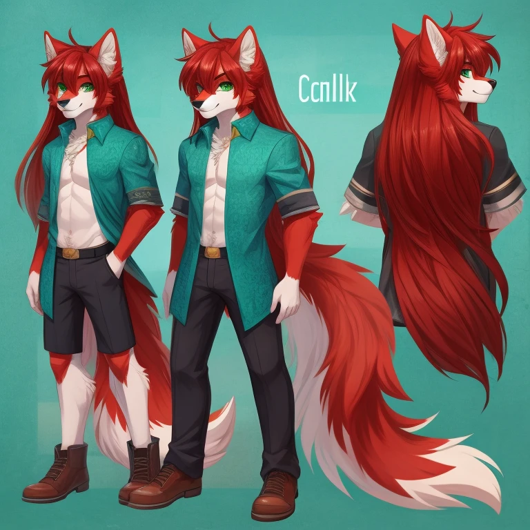 male original character reference sheet adoptable, redhead, green eyes, long hair, looking at viewer, smile, bangs, animal ears, wolf ears red, wolf tail fluffy red, turquoise clothing, body full, various positions 