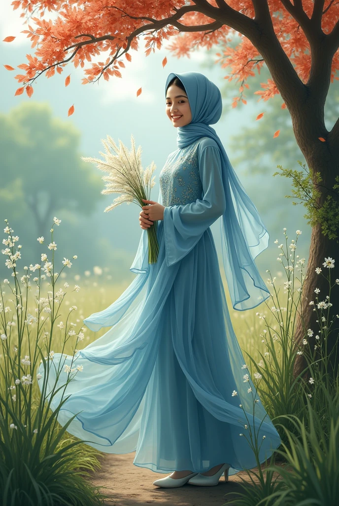 An adult girl wearing a hijab shawl wears a long blue dress floral like flowing water made of chiffon, wears white shoes, is in a place where lots of weeds grow, the flowers are white, and there is a tree whose fallen leaves are red. . smiling while holding white flowering wild grass.